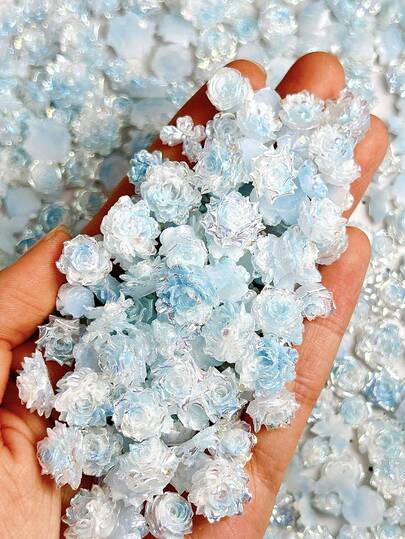 30件套蓝白相间ABS软花美甲装饰品，3D双色仿真玫瑰、山茶花、蝴蝶，适合情人节派对美甲DIY配件