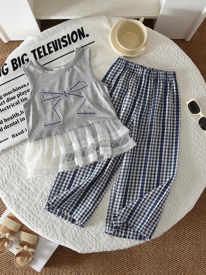 Conjunto de 2 piezas de top sin mangas con estampado de lazo y pantalones de pierna ancha para niñas de 3 a 7 años, conjunto casual de verano