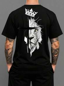 Men's Oversized Crew Neck T-Shirt, 100% Cotton, Comfortable Shirt, Religious Print, Stylish Shirt, Various Colors - 黑色 - 查看 1