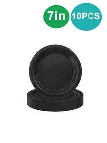 10件套黑色派对用品，包括黑色纸盘、纸杯、餐巾纸，适用于黑色生日派对装饰、万圣节黑色餐具套装、婚礼生日派对一次性餐具、日常用餐野餐露营餐盘。 - 彩色 - 查看 5