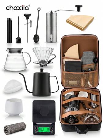 choxila 13件套V02手冲咖啡套装，含收纳盒，包括咖啡滤杯、咖啡壶、咖啡滤纸、磨豆机、咖啡杯、电子秤、咖啡勺和清洁刷。是咖啡爱好者、家庭和咖啡发烧友的理想礼物。适用于家庭、咖啡馆、露营、办公室和咖啡角等场所。