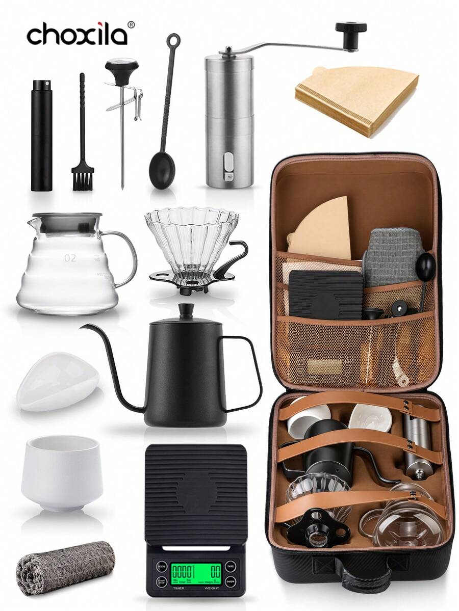 choxila 13pcs V02 Pour Over Coffee Set With Storage Box, Includes Coffee Dripper, Coffee Pot, Coffee Filters, Grinder, Coffee Cups, Digital Scale, Coffee Spoon, Cleaning Brush. Ideal Gift For Coffee Lovers, Families, Coffee Enthusiasts. Suitable For Home, Cafe, Camping, Office, Coffee Corner. - Coffee Set - View 1