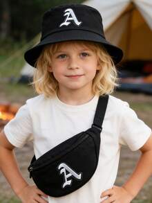 2pcs Kids Black Greek Alphabet Bucket Hat Set, Fashionable Personalized Sun Protection Hat, Compact Lightweight Versatile Packable, Practical Gift For Children, Suitable For Boys & Girls In All Seasons For Picnic, Daily Outdoor, Hiking, Fishing, Travel, School - Black - View 3