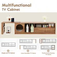 Mueble de TV giratorio moderno, multiusos y extensible, apto para mascotas, con puertas de cristal reforzado con acero, zona de descanso para gatos (sin cojín), color nogal, 180(+80)*40*50 cm - Color natural - Ver 6