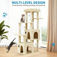 Torre de Gatos Multinivel de 61 Pulgadas para Gatos Grandes y Maine Coons | Plataforma Extragrande, 2 Condominios Espaciosos, Postes de Rascar de Sisal Resistentes y Juguetes, Parque de Juegos Moderno Estable - Beis - Ver 5