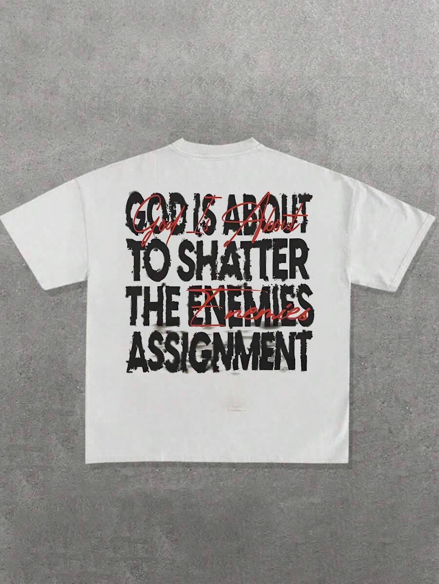 Camiseta de manga corta con estampado de elemento de letras múltiples y eslogan en inglés personalizado, de uso versátil y casual para hombre - Blanco - Ver 1