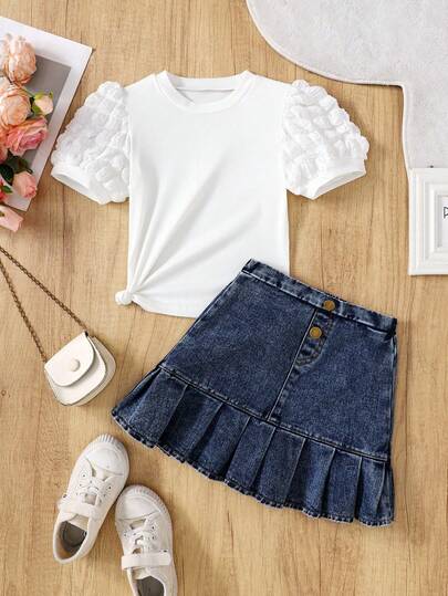 2pcs/Set Toddler Girls' Summer White Textured Puff Sleeve T-Shirt + Navy Blue Denim Pleated Skirt, Comfortable Versatile Sweet Fashion - Suitable For Casual Daily/Outdoor/Birthday Gift