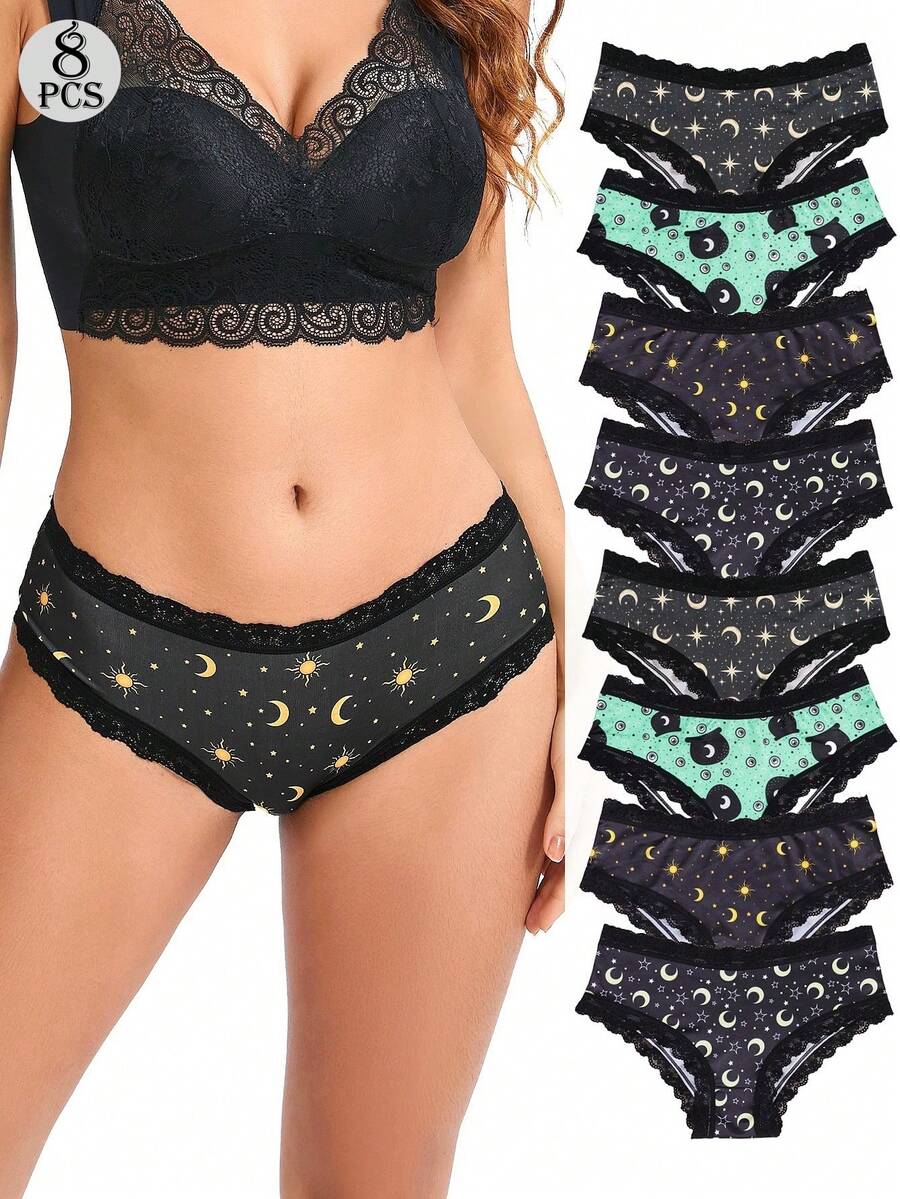 Dircho 8条装女士优雅星空图案撞色蕾丝比基尼内裤 - 满天月亮/星星印花丝滑柔软舒适贴身内衣，弹力透气松紧腰日常内衣套装 - 彩色 - 查看 1