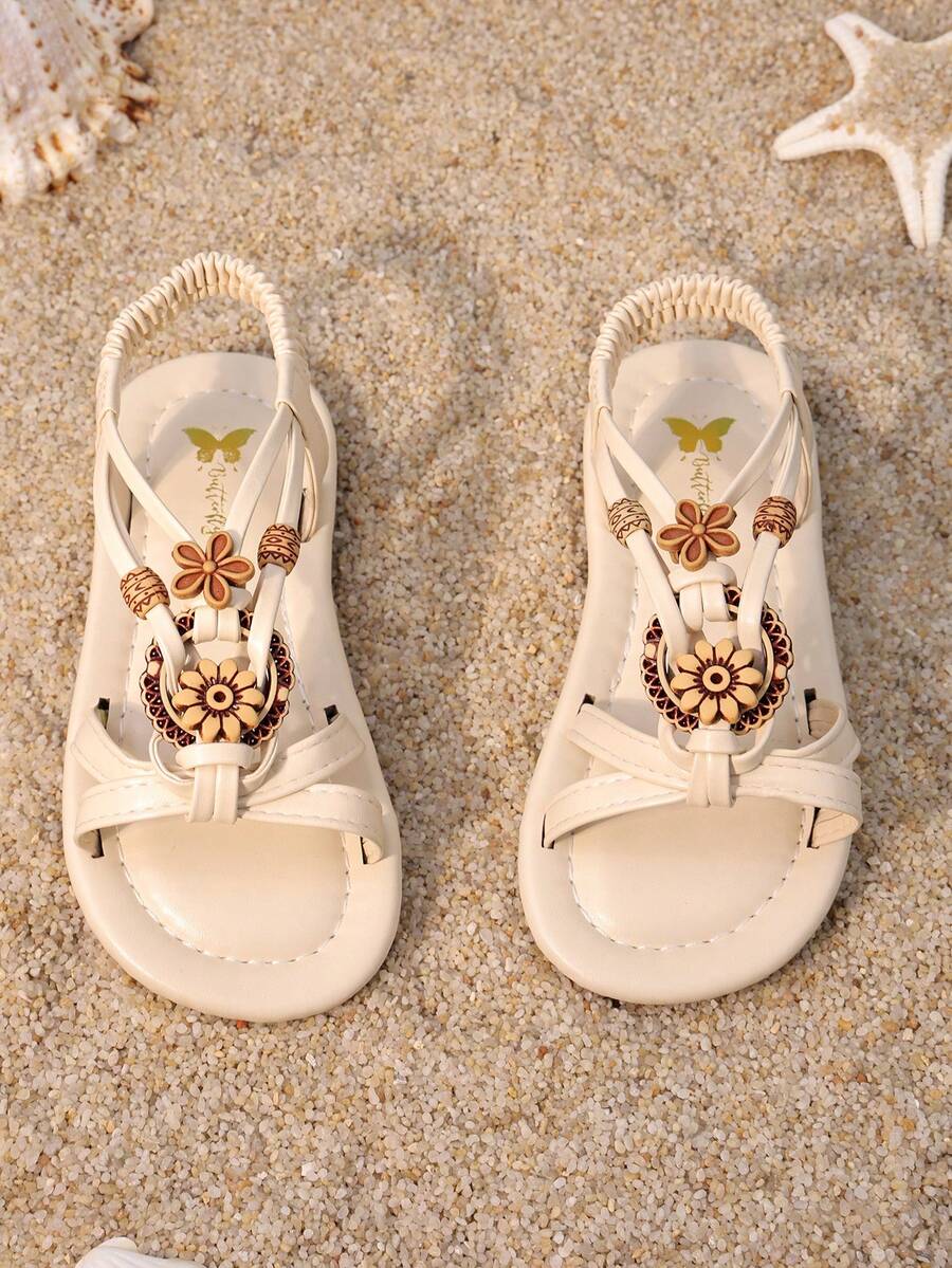 1 Pair Girls' Open Toe Sandals, Faux Pearl Flower Woven Strap Decor, PU Material, Soft & Easy To Wear, Low-Top Design, Closure, Flat Style, Delicate & Sweet, Suitable For Daily Wear And Holiday Occasions - Apricot - View 1