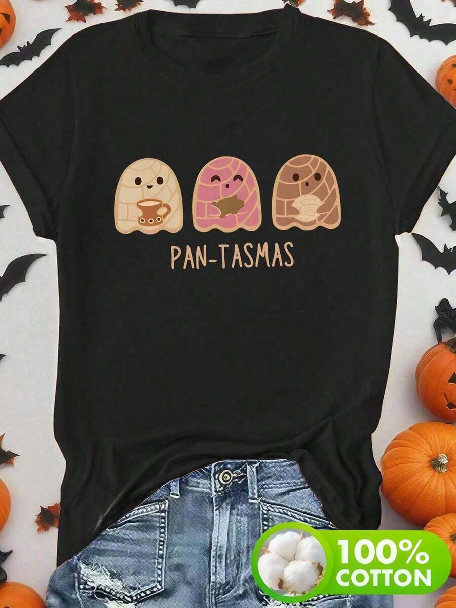 Camiseta de mujer de manga corta con cuello redondo y diseño de fantasma y pan dulce, confeccionada en suave tejido de algodón puro. - Negro - Ver 1