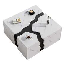 Soffbord för vardagsrum, 70 x 70 x 31 cm, geometrisk kubisk design, sidobord med låda, unikt format marmorfanerbord, soffbord, förvaringsbord, spelbord - Vit + spånskiva - Visa 5