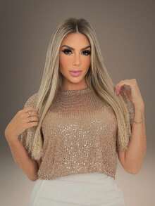 Women's Sequined Short-Sleeve Cropped Blouse For Parties, Nights Out, Carnival, New Year's Eve - Màu be - Xem 1