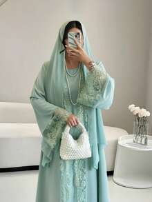 Abayas For Women,Open Abaya Set With Lace Trim, Sleeveless Inner Dress & Chiffon Headscarf - Lightweight, Modest & Breathable For Spring/Summer,Elegant Party Dresses For Women - màu xanh da trời - Xem 5