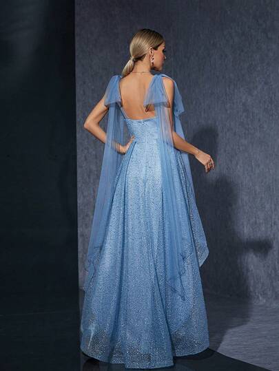 Blue Butterfly Mesh Strap Embroidered Lace Front Short Back Long Flare Midi Dress, Suitable For Party, Bridesmaid, Vacation, Date And Holidays. Elegant Women Dress