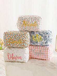 1pc Personalized Embroidered Cosmetic Bag, Customized Makeup Bag, Floral Makeup Bag, Travel Cosmetic Pouch, Ladies Toiletry Bag, Bridesmaid Gift, Holiday Gift - Multicolor - View 8