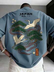 Men's Casual Versatile Simple Japanese Crane Print Short Sleeve T-Shirtgraphic Tee  Shirts - 霧霾藍 - 查看 6
