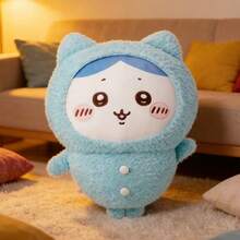 Miniso 八件套超大号睡衣风毛绒娃娃 | 浅蓝色猫耳帽 + 纽扣细节，柔软蓬松面料，客厅装饰/沙发靠垫/治愈系礼物（1 件） - 淺藍色 - 查看 2