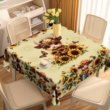 1pc Sunflower & Cute Cow Dining Table Cloth, Warm & Adorable, Easy To Clean, Polyester Material, Suitable For Family Gathering, Easter Party, Decoration, Indoor/Outdoor Use (Picnic, Wedding) - Multicolor - View 1