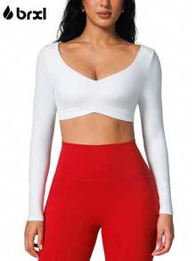 BRXL Long Sleeve Crop Tops For Women Built In Bra Padded Yoga Shirts Deep V Neck Buttery Soft Slim Fit Workout Pilates Gym - 白色 - 查看 2