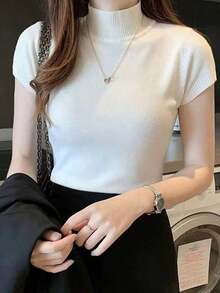 Camiseta de mujer de cuello medio-alto, top casual, estilo coreano de moda en color liso, para la temporada de primavera-verano - Burdeos - Ver 8