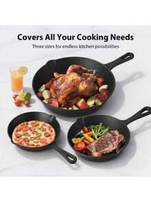 Senmeo Black 3-Piece Cast Iron Skillet Set | Non-Stick Frying Pans With Scraper - Indoor/Outdoor Cookware - Three-piece Set + Scraper - View 2