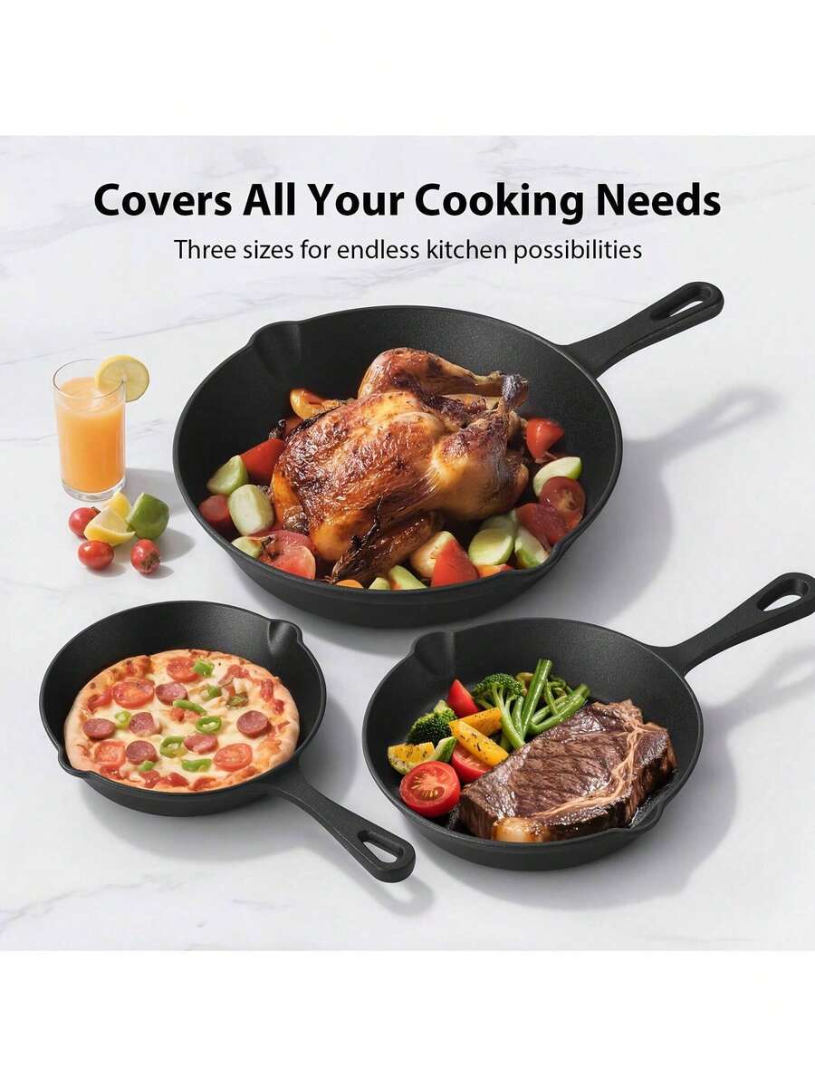 Senmeo Black 3-Piece Cast Iron Skillet Set | Non-Stick Frying Pans With Scraper - Indoor/Outdoor Cookware