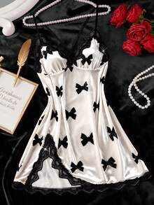 One Piece Women'sSexy Lingerie Sleepwear Bow Pattern Split Cross Strap Lace Up Backless V-Neck Dress Contrast Lace And Velvet Comfortable Home Nightgown - White - View 6