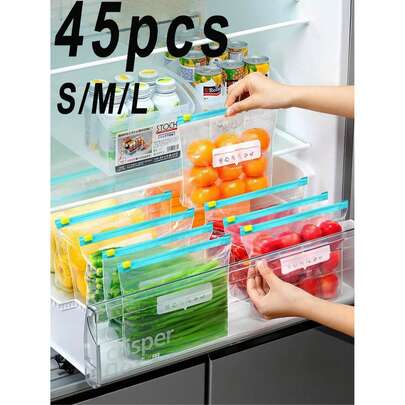 45个可重复使用的食品保鲜袋（3种不同尺寸），加厚冷冻袋，防水拉链密封食品保鲜袋，PE材质，透明可书写，用于长期食品保鲜和整理，适用于冰箱、冷冻室、厨房食品分类和零食储存