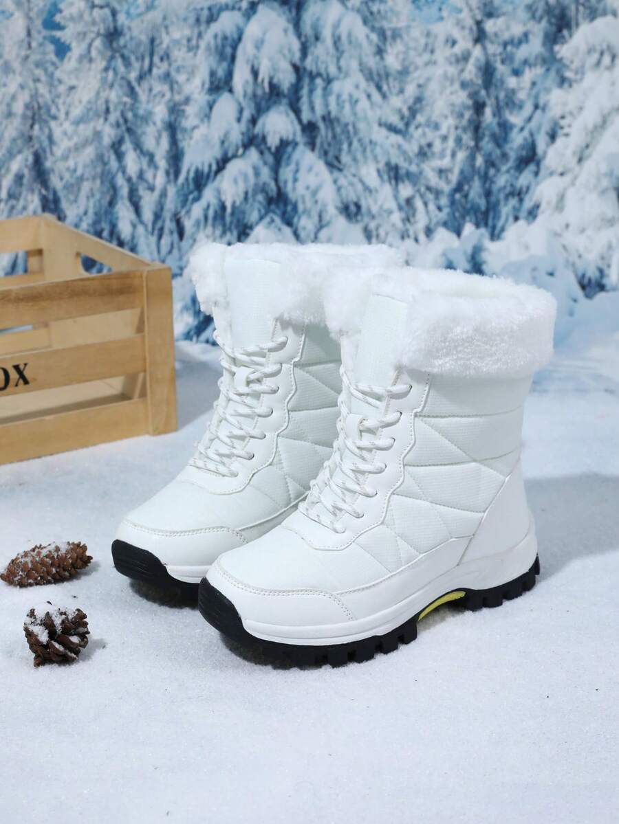 女士户外休闲运动靴 系带高帮靴 保暖雪地靴 中筒冬季鞋 防水防滑 保暖内衬 厚底靴 - 白色 - 查看 1