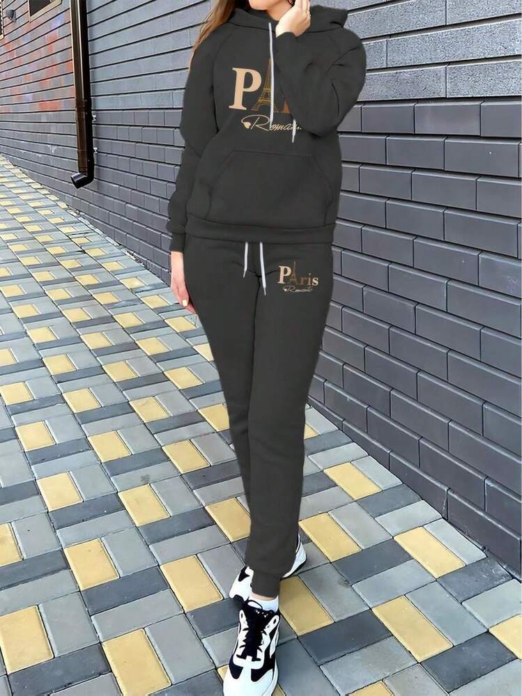 2026 Valentine Outfits For WomenWomen's Autumn Clothing Fleece Casual Set Fashion Printed Hoodie  Loose And Comfortable Christmas Fit WomenLoose And Comfortablevalentine's Day - Màu xám đen - Xem 2