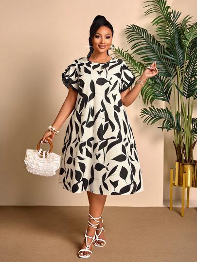 BIUBIU Elegant Black And White Leaf Print Midi Dress For Women, Round Neck Ruffle Short Sleeve Casual Vacation Plus Size Dress