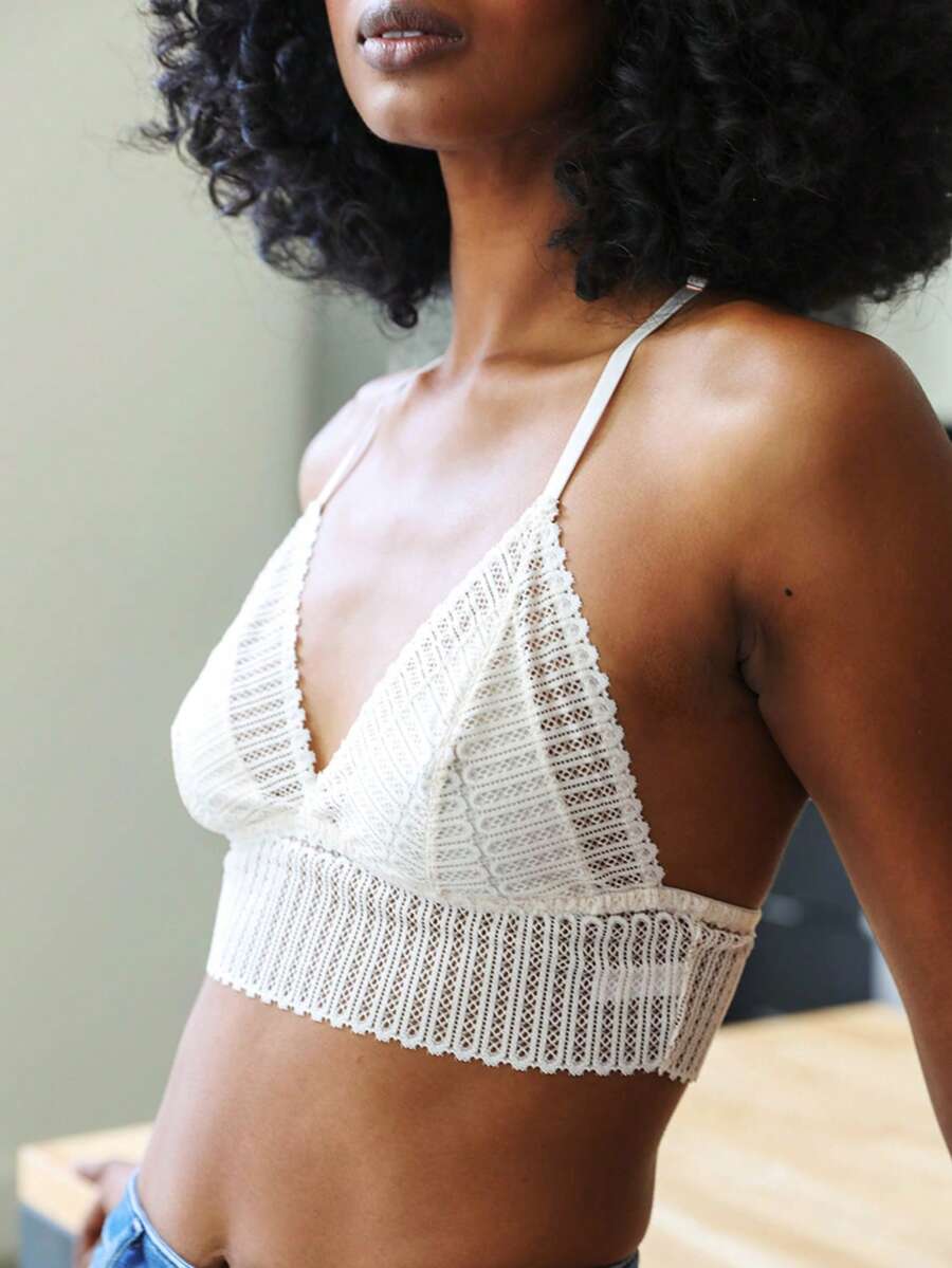 Ribbed Racerback Bralette – Lace Detail Comfort - 象牙 - 查看 1