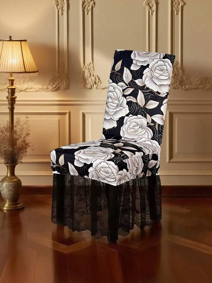 1pc Printed Milk Silk High Backrest Lace Tulle Banquet Wedding Chair Cover, Lotus, Romantic Modern Stretch Dust-Proof Non-Slip Suitable For Living Room Dining Room Home Chair Decor - Multicolor - View 1