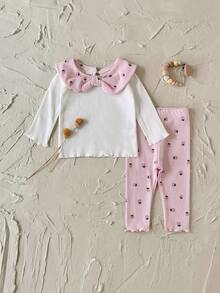 2pcs/Set Toddler Baby Girls' Cute Strawberry Print Bow Decor Long Sleeve Sweatshirt And Pants Set, Spring/Autumn - Pink - View 7