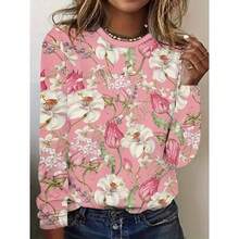 [Vintage Floral Print Tee] Plus Size Women's Vintage Floral Print Long Sleeve T-Shirt | Lightweight Polyester Blush Pink & White Floral Top, Crew Neck Non-See-Through Shirt For Everyday & Formal Events, Machine Washable Women's Fashion Tee, Casual Event Wear, Elegant Print Design, Nontransparent Fabric - 彩色 - 查看 5