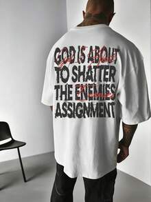 One Wave 男士休闲百搭个性化英文标语多字母元素印花短袖T恤 - 白色 - 查看 3