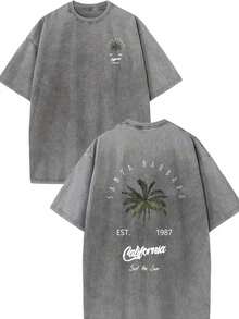 100% Cotton Double-Sided Santa Barbara Palm Tree Print Tee Unisex, Washed Short Sleeve Top, Y2K Streetwear Gift For Boyfriend Husband Daily Outfit - 灰色 - 查看 10
