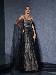 吊带V领超长袖纱巾拼接刺绣蕾丝撞色褶皱大摆连衣裙，黑色女式连衣裙 - 黑色 - 查看 5