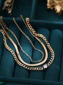 Nooxian 3件套 时尚简约休闲度假风金色链条套装，包含不锈钢刀片链和闪亮立方氧化锆多层脚链，女士首饰礼物（不含礼盒） - 金黃色 - 查看 5