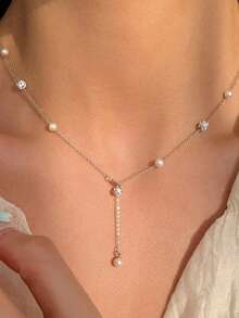 1条925纯银珍珠锆石Y型项链，女士锁骨链，时尚珠宝项链，适合女士派对、聚会、日常休闲佩戴