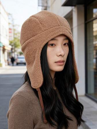 1顶女士双面抓绒护耳针织帽，秋冬季防风面罩，适合户外骑行，用途广泛