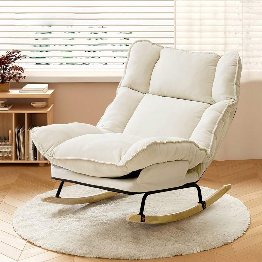 Rocking Chair With Adjustable High Backrest, Extra-Wide Cushioned Gliding Rocking Chair, Comfortable Corduroy-Trimmed Chair, Suitable For Living Room And Bedroom. - White - View 1