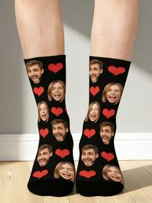 1 Pair Unisex Customized Face & Heart Print Black Knit Comfortable & Romantic Personalized Socks, Suitable For Anniversary/Gift Occasions