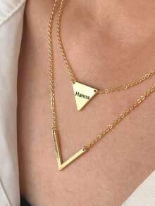 Personalized Double-Layer V-Shaped Necklace, Custom Engraved Name Triangle Pendant Necklace, Necklace For Women, Elegant Double-Layer Pendant Necklace, Geometric Accessory Gift, Mother's Day Gift, Stainless Steel Material, Summer Jewelry, Beach Accessory For Women - Multicolor - View 8