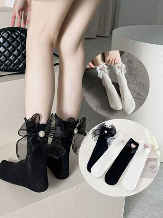 1/4 Pair Women's No-Show Fashionable Cute Bowknot Lace Mid-Calf Socks, Suitable For All Seasons, Comfortable, Breathable, Durable, Vibrant Colors, Ideal For Daily Wear, Premium Fabric, Non-Stuffy