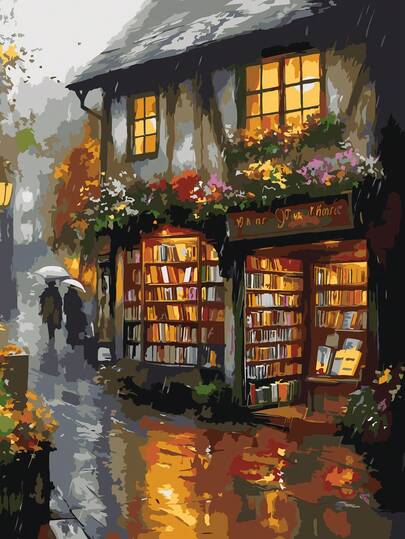 1 Set Adult Digital Oil Painting Kit - Rainy Town Bookstore Street Scene, Acrylic Paint On Canvas DIY Craft, Size 40X50cm (No Frame), Best For Holiday & Birthday Gifts