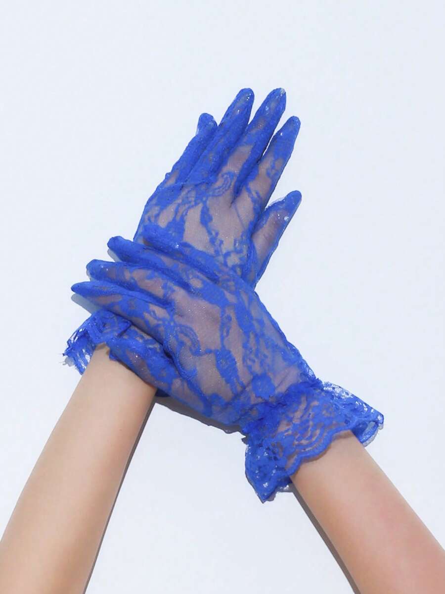 1双玫瑰提花装饰优雅露指手套 - 藍色 - 查看 1