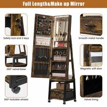 Joyero giratorio de 360° con luz LED, espejo de cuerpo entero giratorio de 167 cm con espacio de almacenamiento y cajón, organizador de joyas con cerradura para niñas y mujeres, color marrón rústico. - Marrón - Ver 1