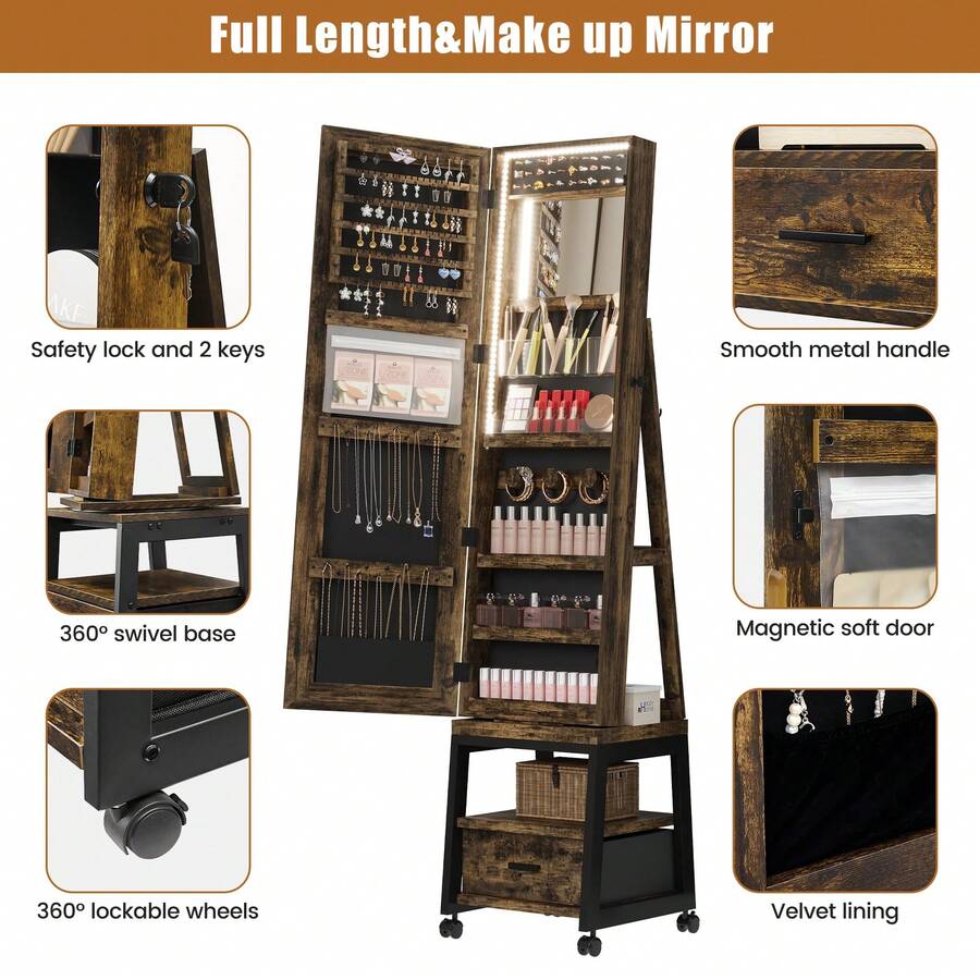 Joyero giratorio de 360° con luz LED, espejo de cuerpo entero giratorio de 167 cm con espacio de almacenamiento y cajón, organizador de joyas con cerradura para niñas y mujeres, color marrón rústico. - Marrón - Ver 1