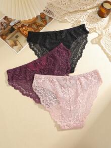 FINETOO 3件套女士精致蕾丝图案蝴蝶镂空丁字裤，浪漫优雅女士内衣 - 彩色 - 查看 2